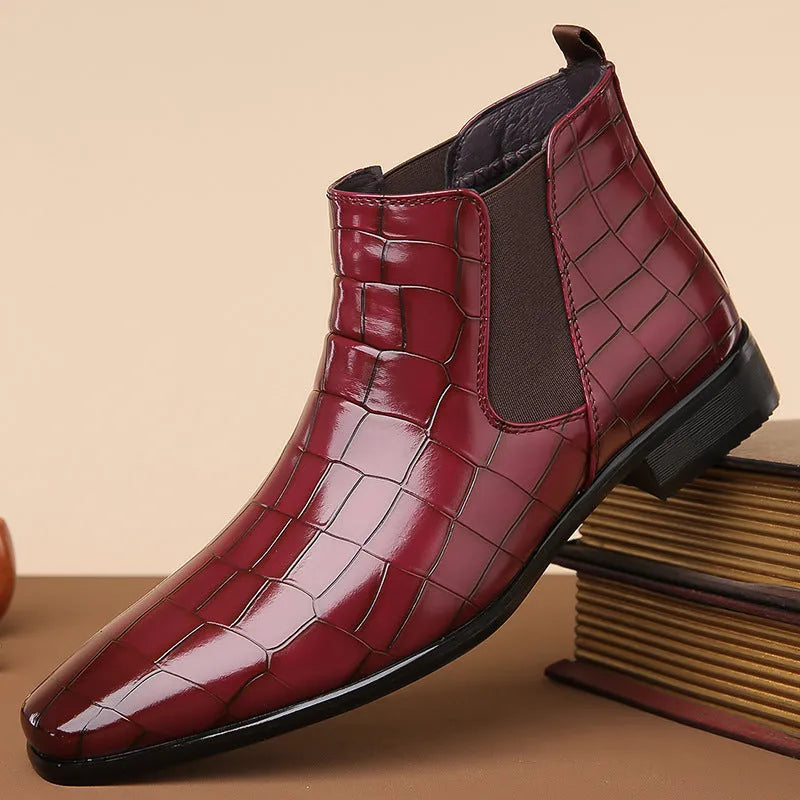 Men's glossy artificial leather Chelsea boots in high-top style with rubber sole, available in multiple colours