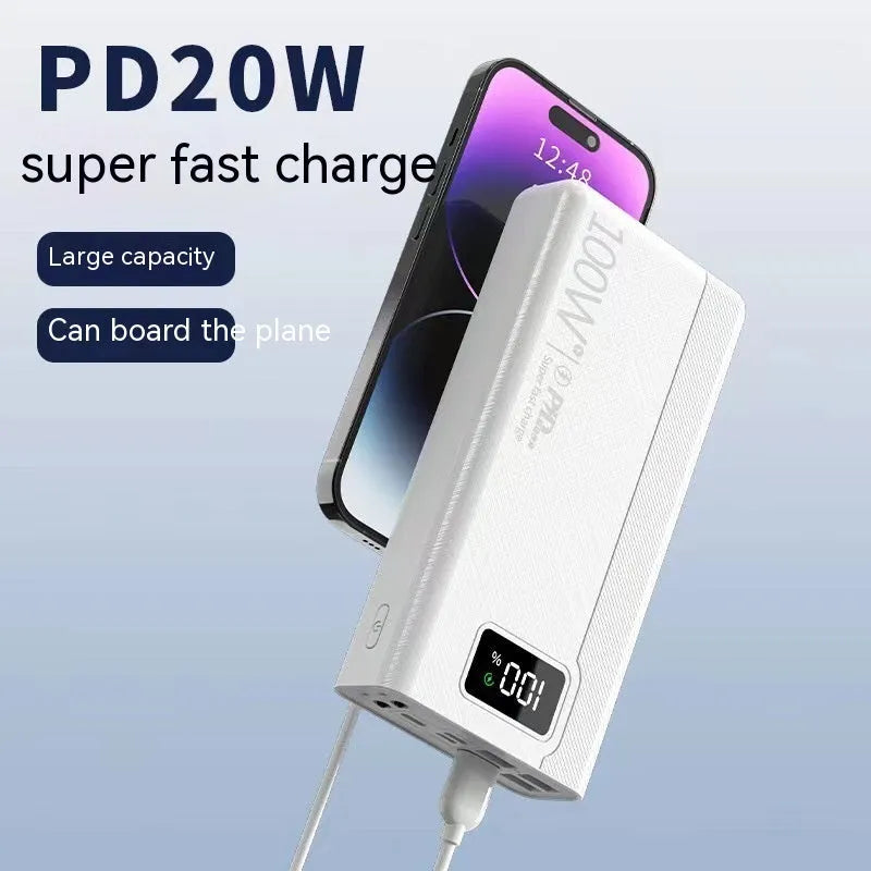 Large capacity power bank in black or white plastic casing with dimensions 150x76mm and multiple thickness options