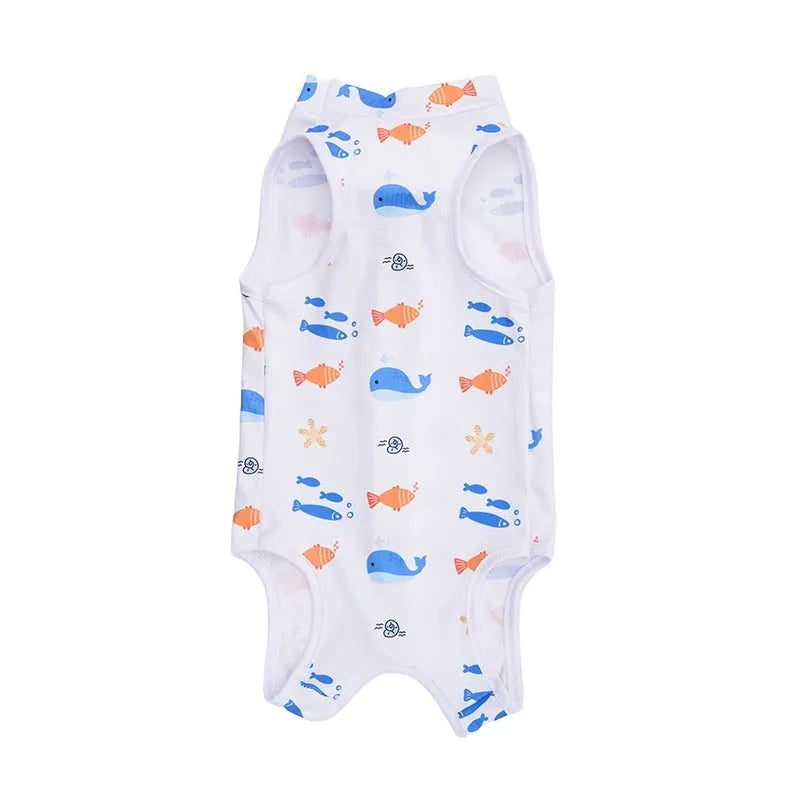 Colourful polyester cat recovery suit with velcro straps for post-sterilisation wound protection.