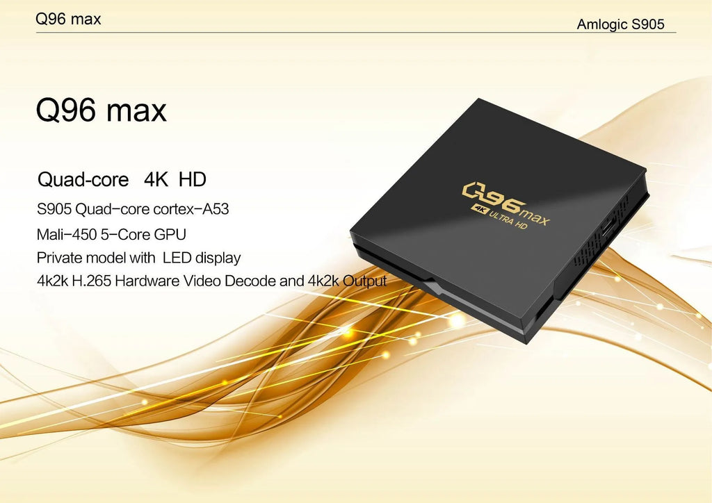 Q96 MAX S905 Android 4K TV Box set-top unit with remote control and cables on a black background.