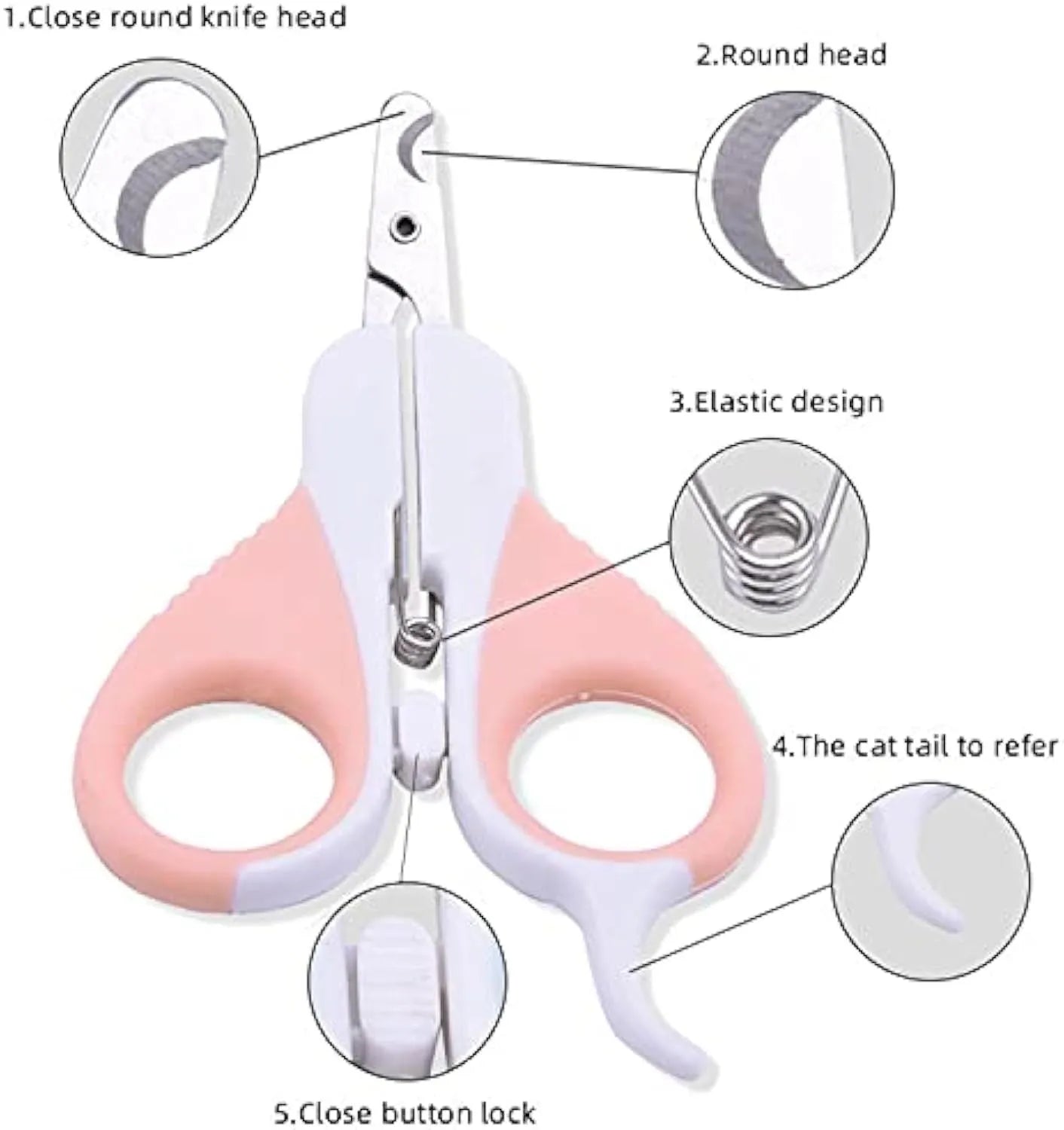 Grey and pink cat nail clippers with safety guard and angled blade for small pets