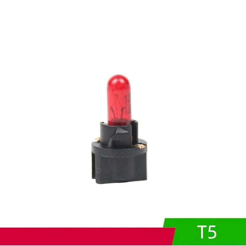 T5 wedge-base car dashboard indicator light bulb in red, blue, green, amber, yellow, and purple colours.