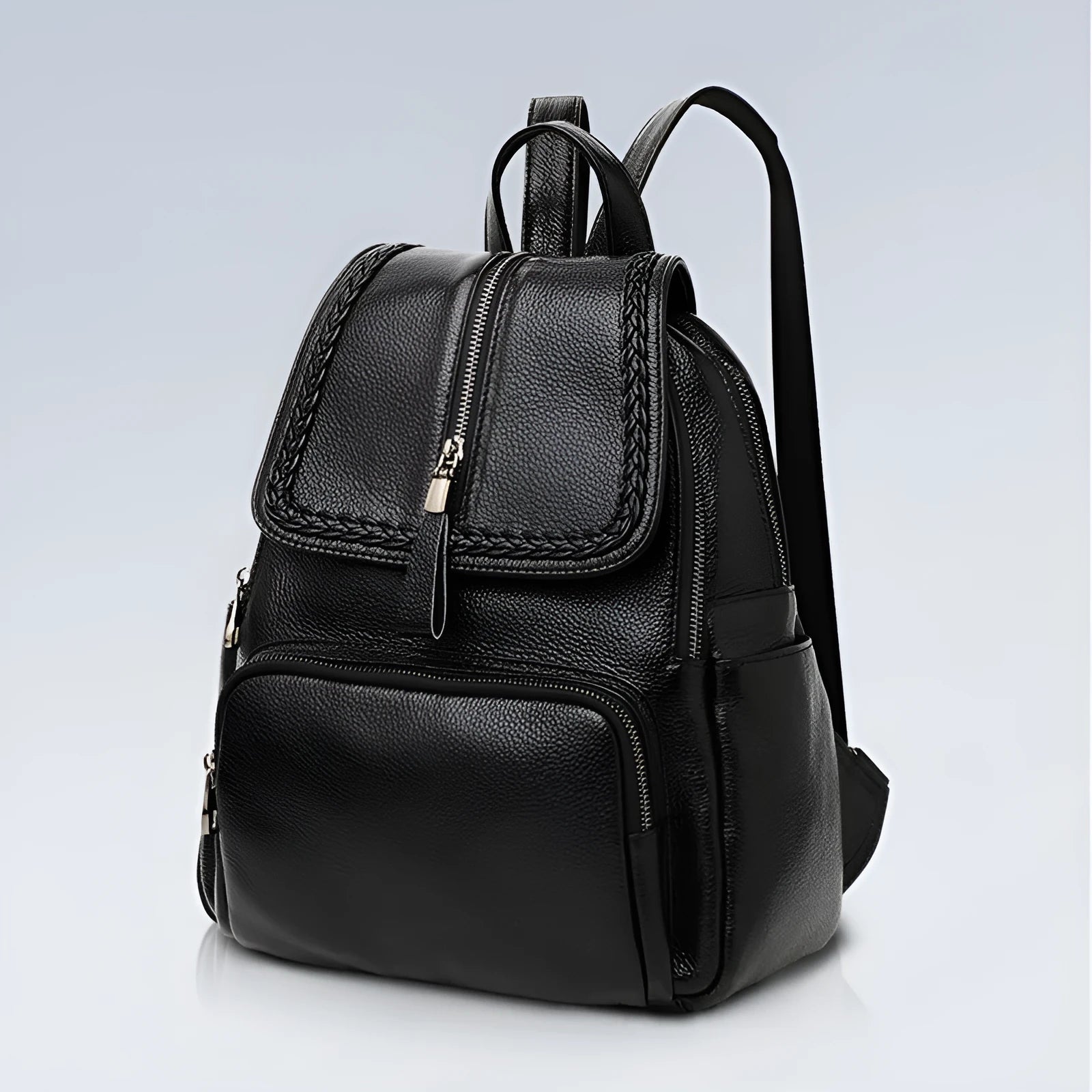 Blue genuine leather street trend women's backpack showing external sandwich pocket and zipper.