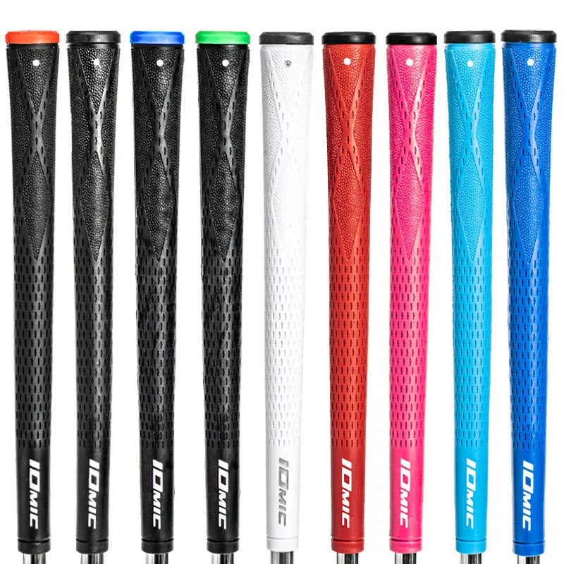 TPE golf club grip shown in a selection of available colours including pink, blue, and black with coloured head.