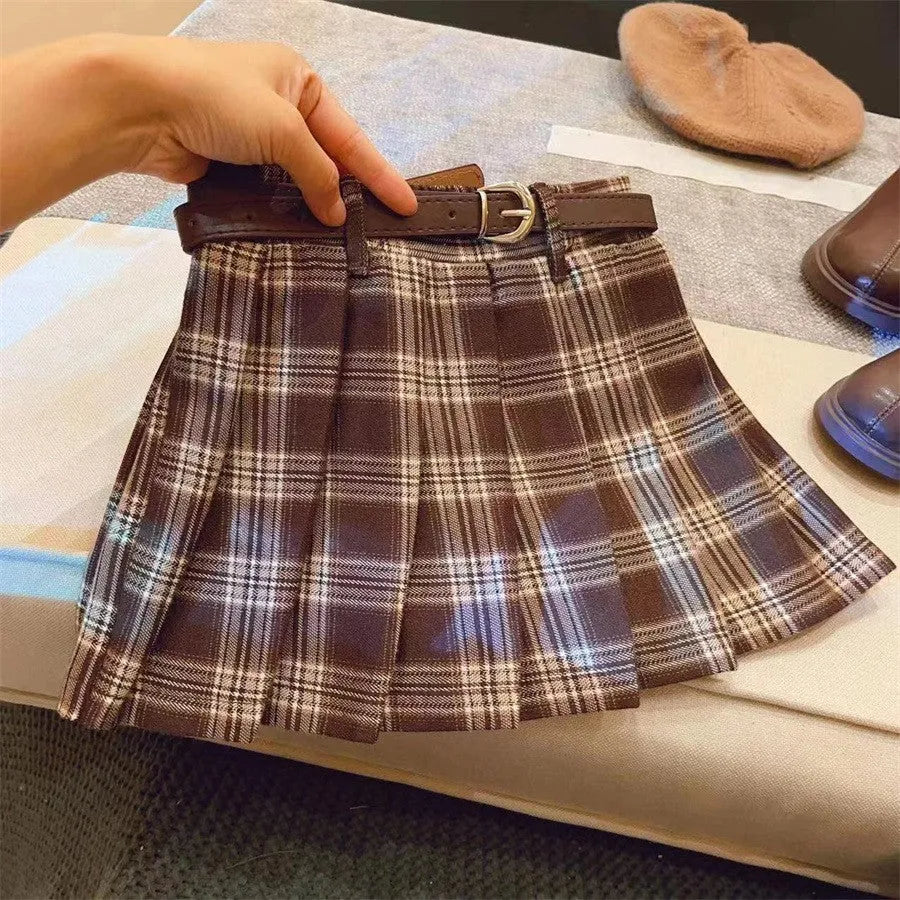 Girls plaid pleated A-line skirt in cotton blend fabric available in six height sizes