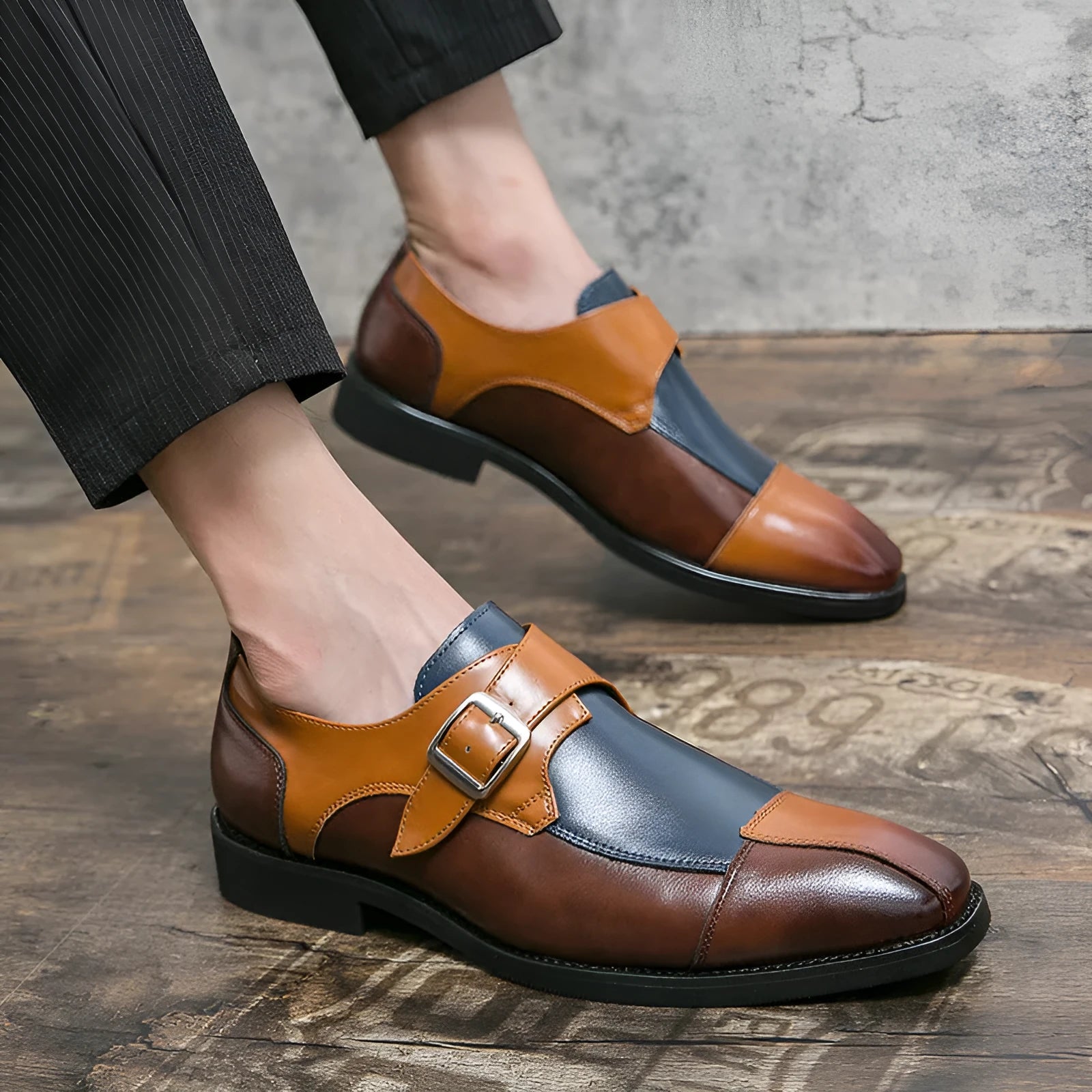 Men's brown blue retro buckle casual shoes with a tall crown microfibre upper.