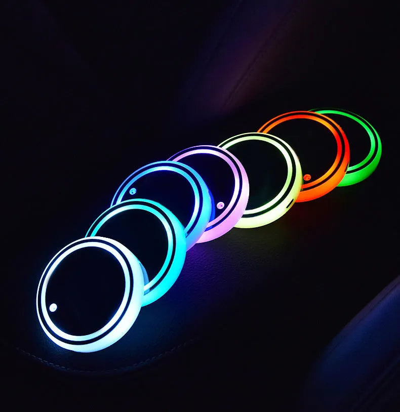 Car cup holder LED light coaster showing 68mm diameter and seven colour lighting options