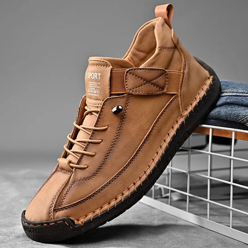 Men's round-toe mid-calf casual boot in black with visible tooling stitching detail on the microfiber upper.