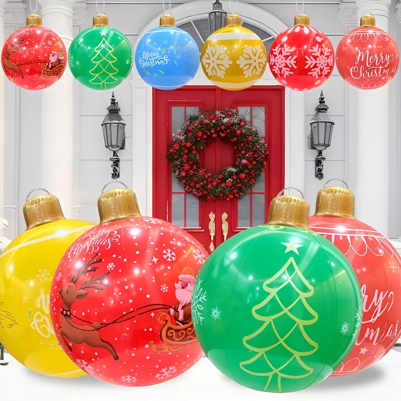 63cm red inflatable Christmas ball with LED lights in outdoor garden setting