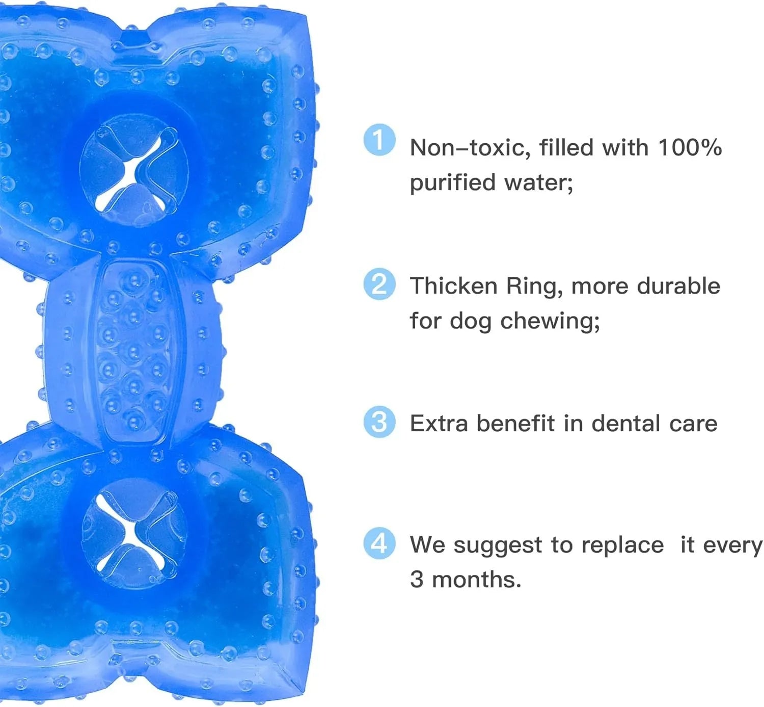Freezable plastic bone and circle shaped dog chew toys for teething puppies.