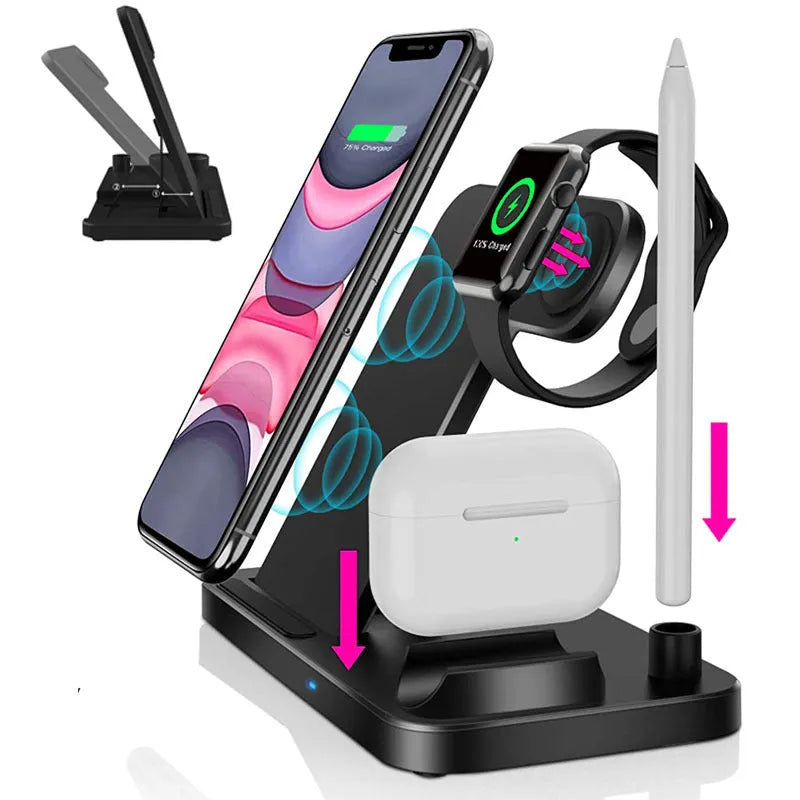 Folding 4-in-1 wireless charger in stand mode charging an iPhone and Apple Pencil.