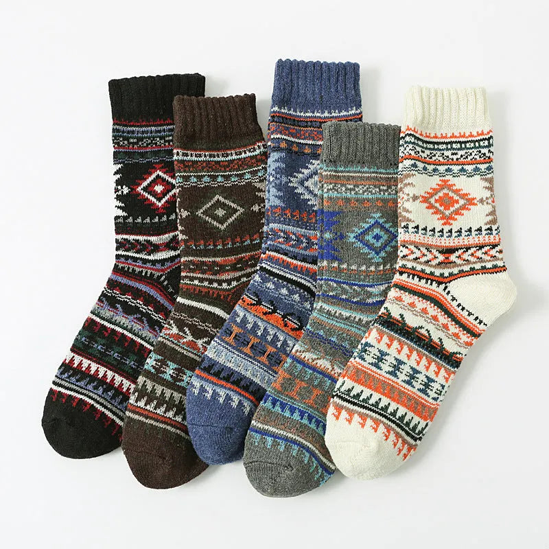 Retro cotton mid-calf socks for men 5 pack with anti-friction knit patterns in large square design