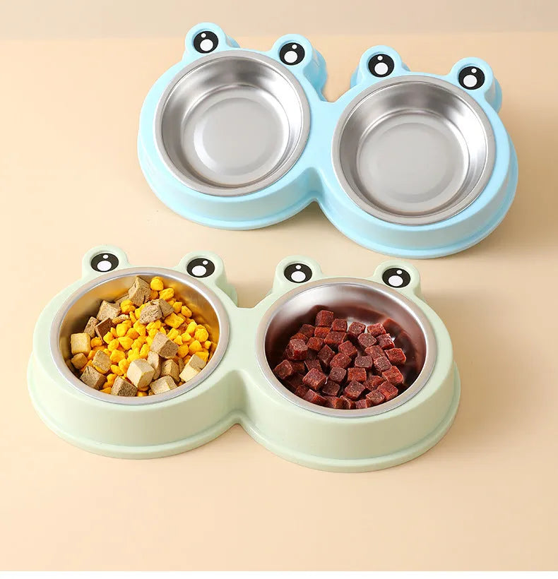 Stainless steel frog design pet bowl with separate food and water compartments in blue, green, and pink colour options