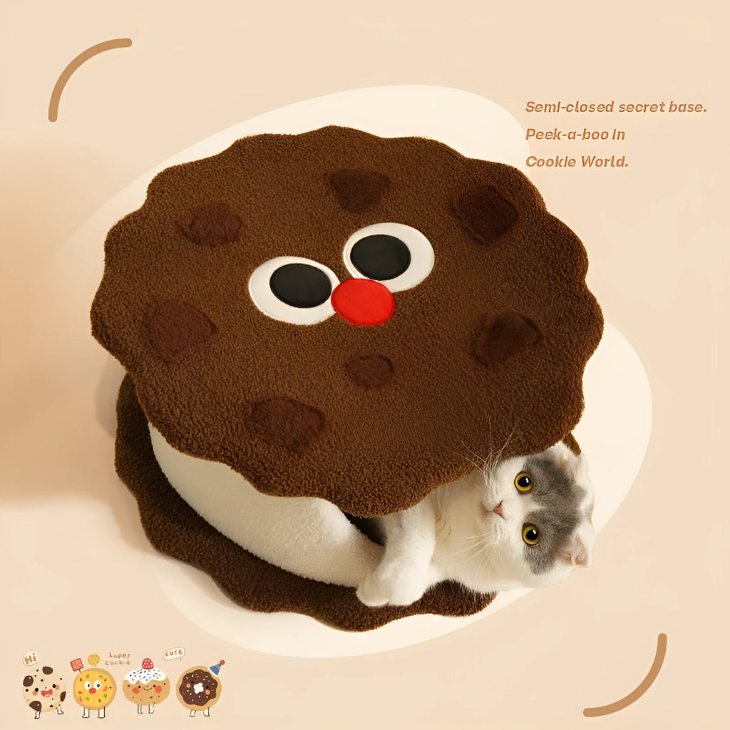 Khaki coloured enclosed cat house shaped like sandwich cookie with removable cushion for winter sleeping
