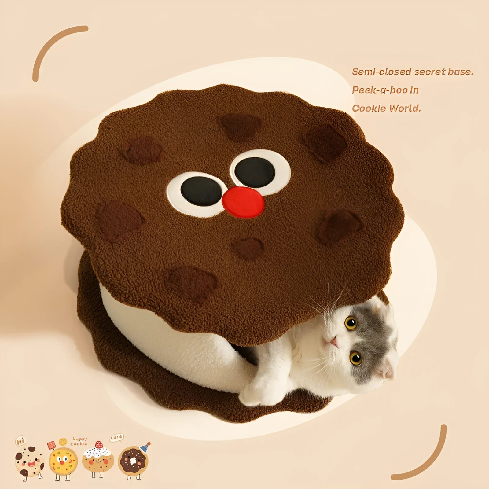 Khaki coloured enclosed cat house shaped like sandwich cookie with removable cushion for winter sleeping
