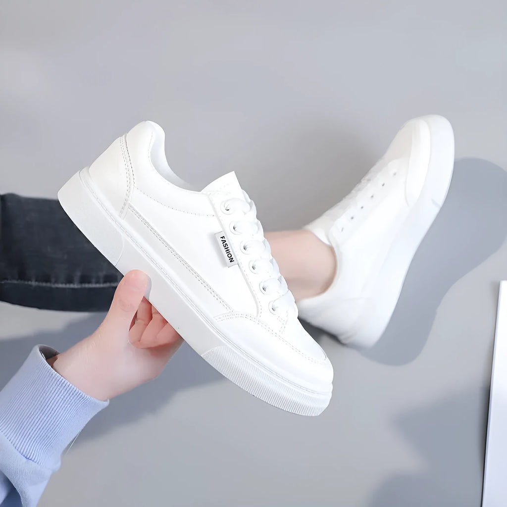 Women's low-top Korean style sneakers in white and brown with PU leather uppers