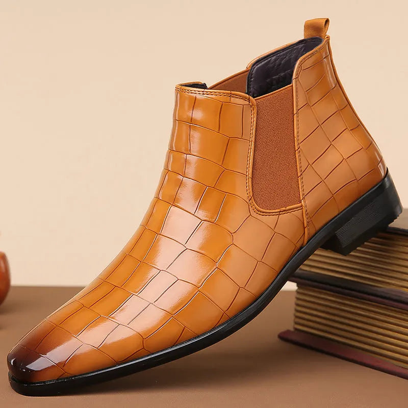 Men's glossy artificial leather Chelsea boots in high-top style with rubber sole, available in multiple colours