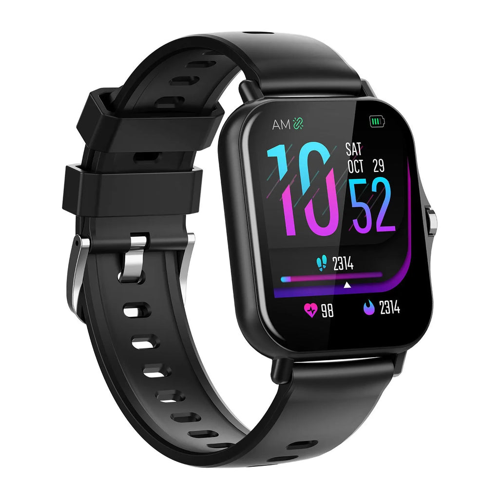 W10 smartwatch in silver on a wrist, showing its curved touch screen and wristband.