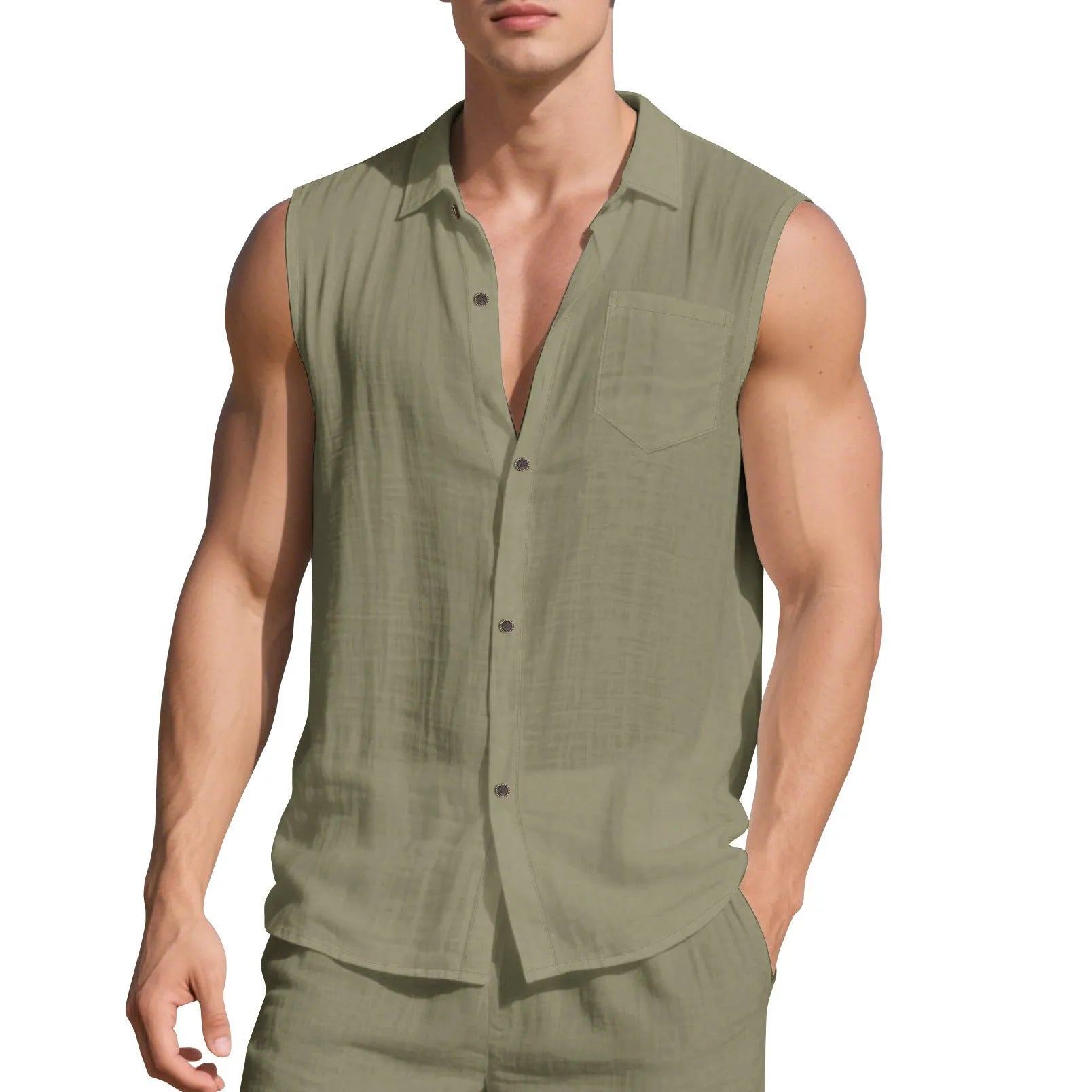 Men's sleeveless linen cardigan vest with polo collar in light blue colour showing loose fit design