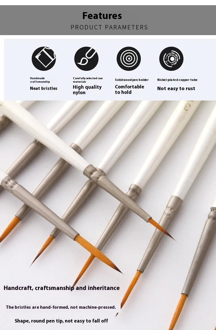 Set of 12 pearl white artist painting brushes with wooden handles and nylon wool fibres.