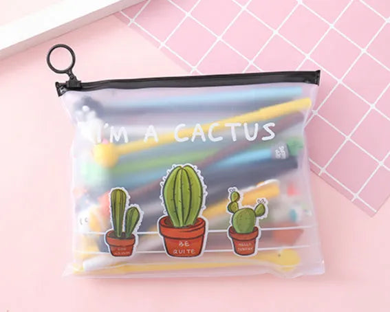 20 black ballpoint pens with cartoon cactus designs in a plastic storage case