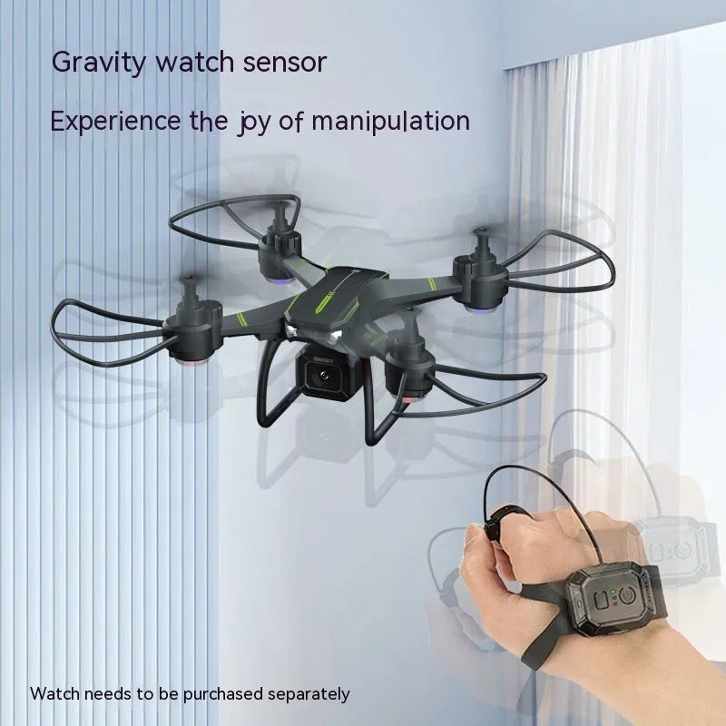 Blue remote control drone with four protective frames and a handheld remote on a white background