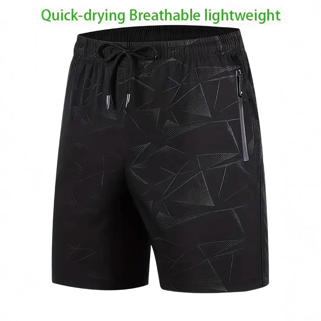 Men's loose black sports shorts with printed design for casual athletic wear and beach activities