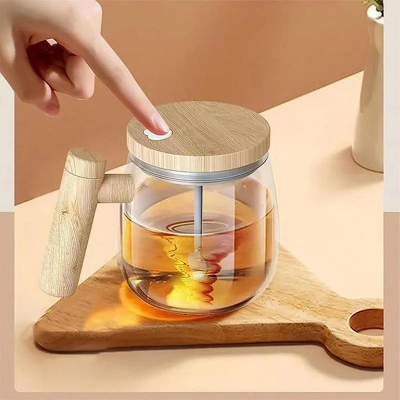 400ml self-stirring electric coffee mug with borosilicate glass and button mixing mechanism