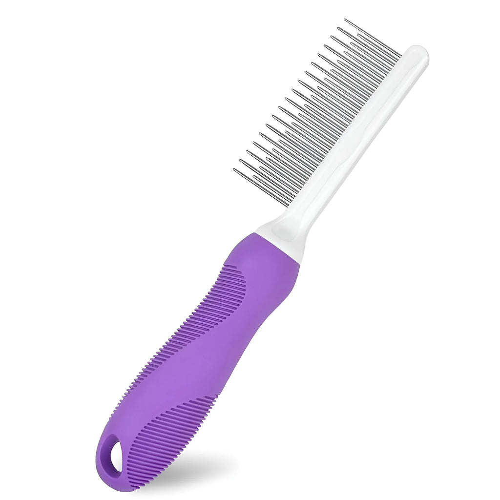 Purple pet detangling comb with stainless steel teeth for dog and cat grooming
