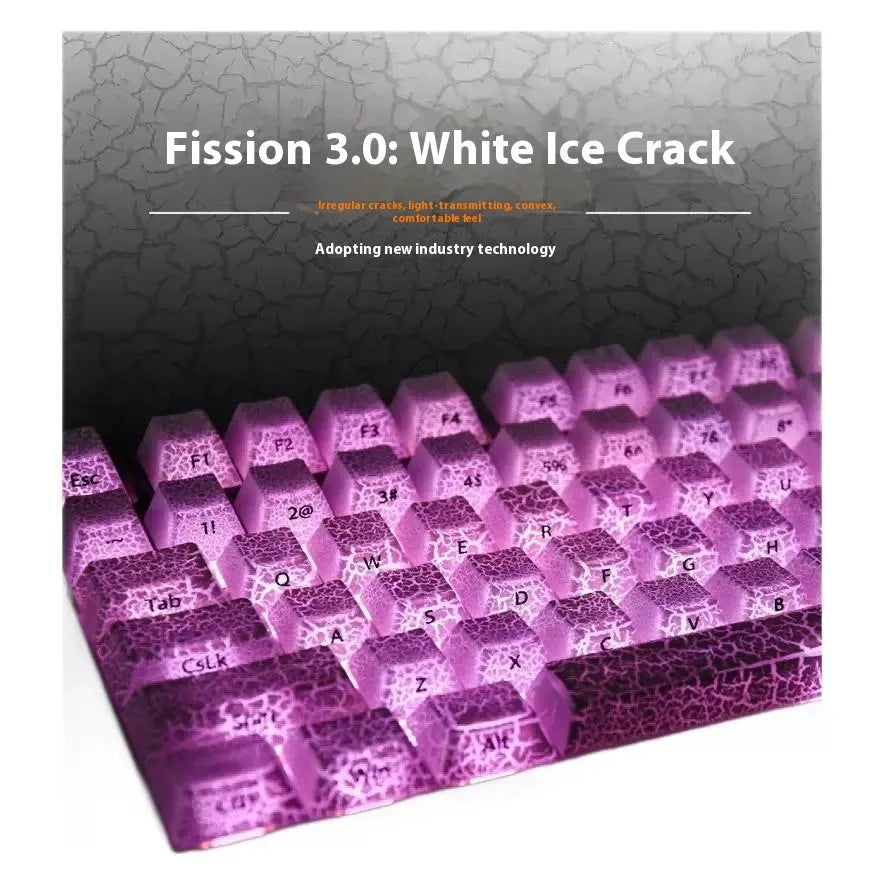 White transparent mechanical keyboard keycap set with side carving details on a dark background.