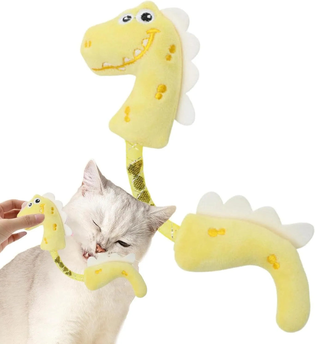 Four cat toys: chew toy, catnip rope, springs, and kicker toy in pink, purple, or yellow colours, each 23cm by 6cm.