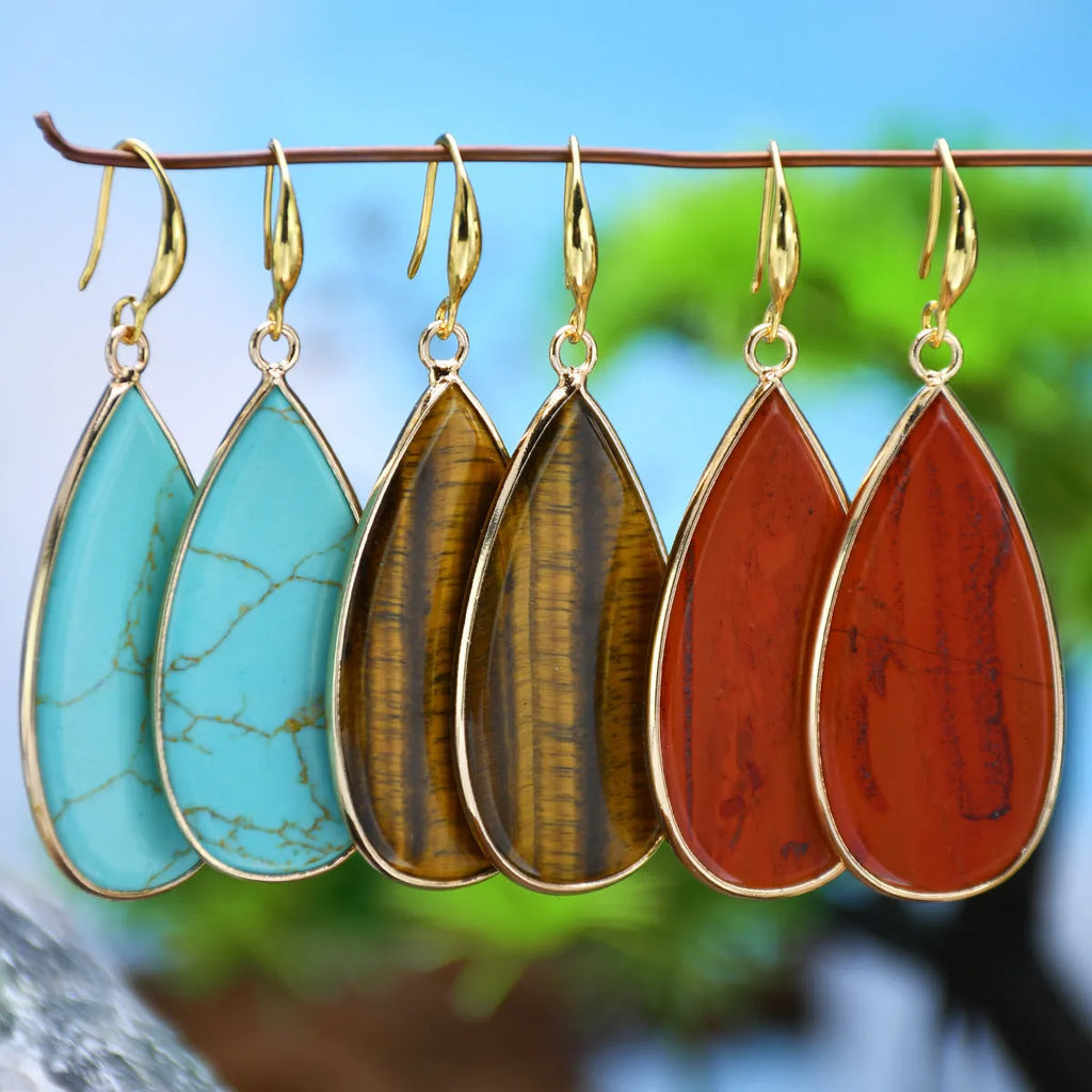 Vintage tigereye long water drop earrings in retro style with stone materials