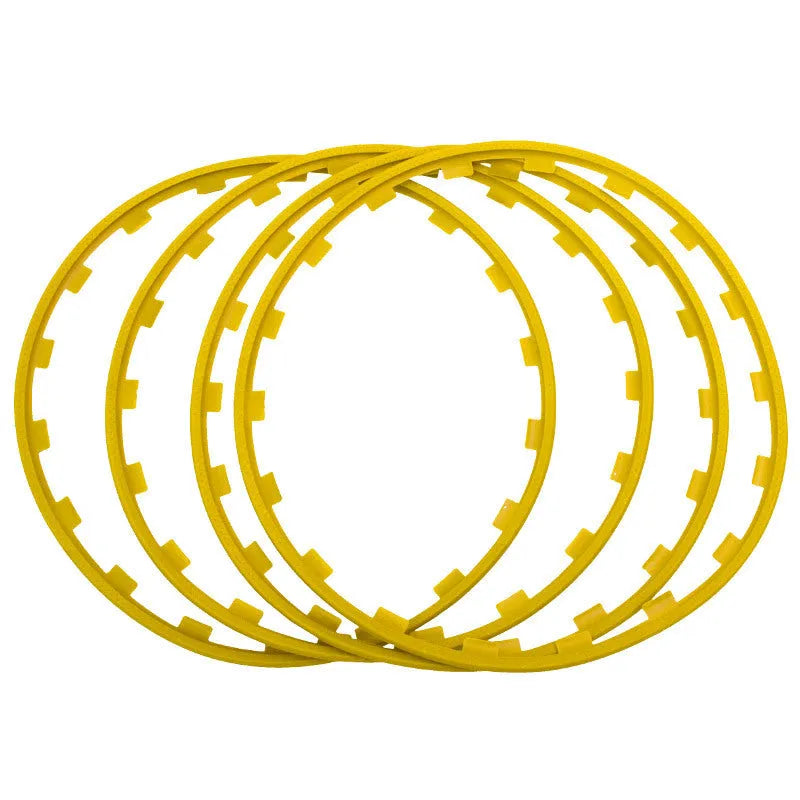 Set of four coloured nylon wheel hub protection rings for car alloy wheels.
