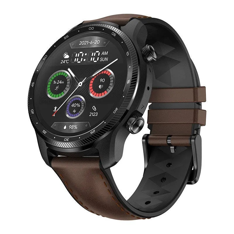 Ticwatch Pro X 47mm smartwatch with round display showing fitness metrics and call interface