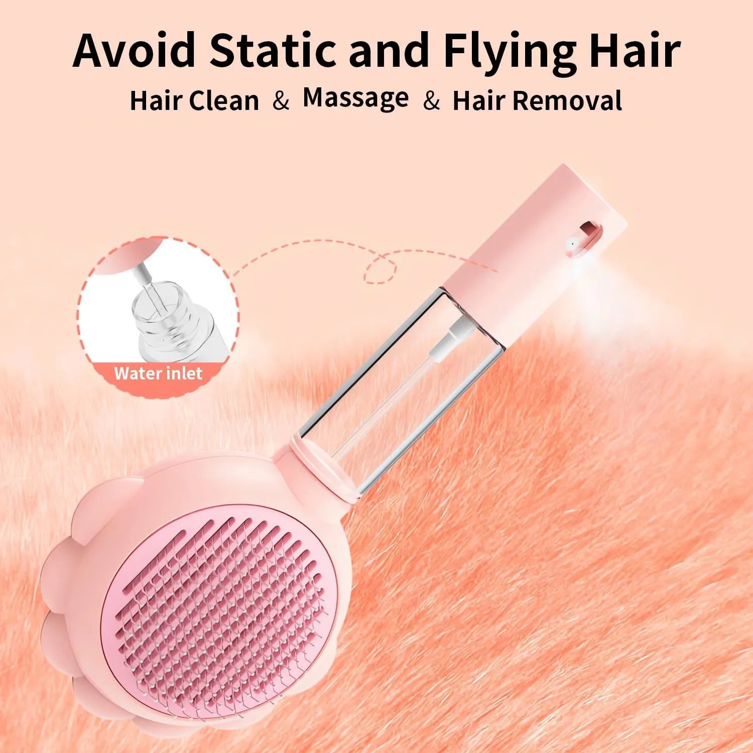 Self-cleaning spray cat brush with release button in grey, green, or pink colours for pet grooming