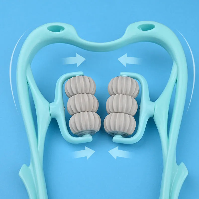 Blue swan-shaped six-wheel manual neck massager with rotating rollers and a separate natural jade scraping board on a white background.