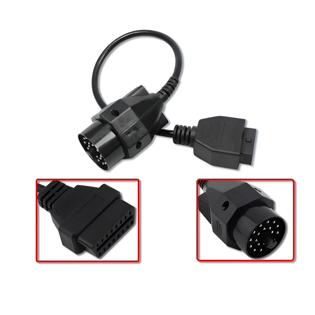 OBD2 adapter cable with a BMW 20-pin connector and a standard 16-pin OBD2 socket