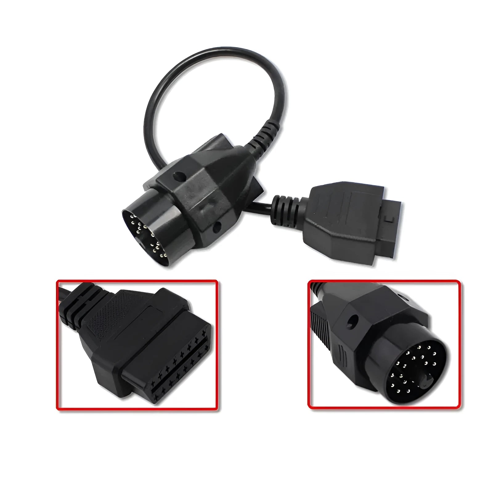 OBD2 adapter cable with a BMW 20-pin connector and a standard 16-pin OBD2 socket
