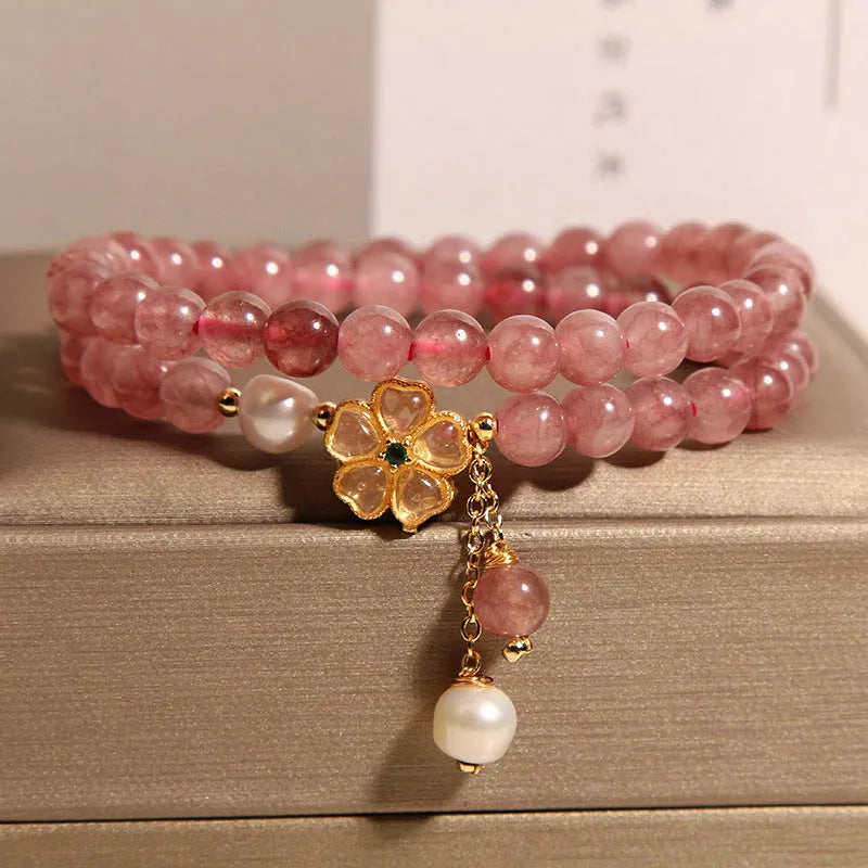 Women's double ring bracelet with strawberry quartz four-leaf clover design in Japanese Korean jewellery style