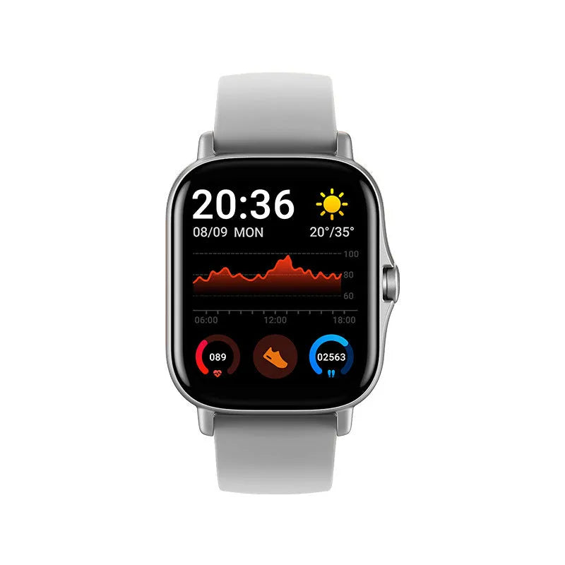 GT20 black smart watch with 1.75-inch touch screen on a silicone wrist band.