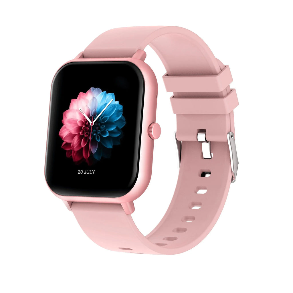 Bluetooth smart watch with touch screen showing heart rate monitor, in black, silver grey, pink, or khaki.