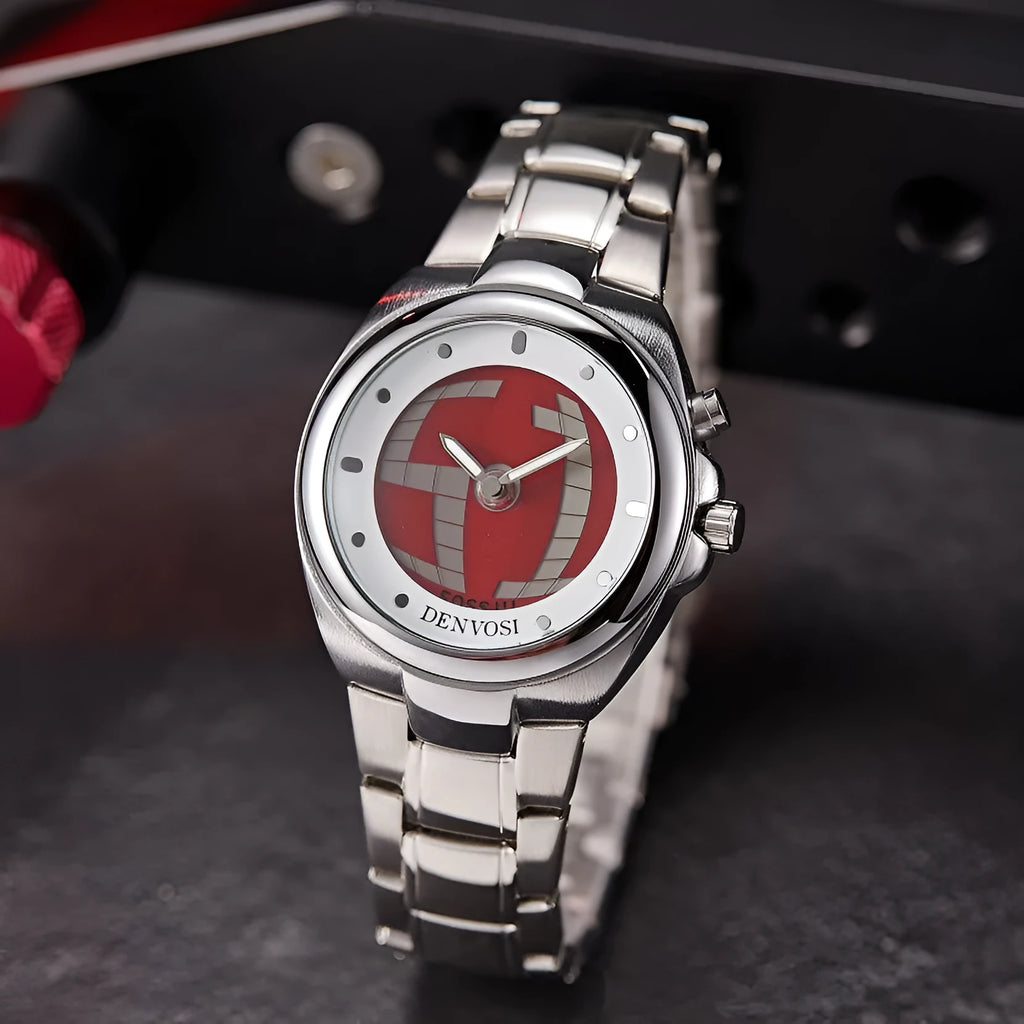 Y2K digital men's watch showing dual display with either red face or blue flame dial on alloy strap.