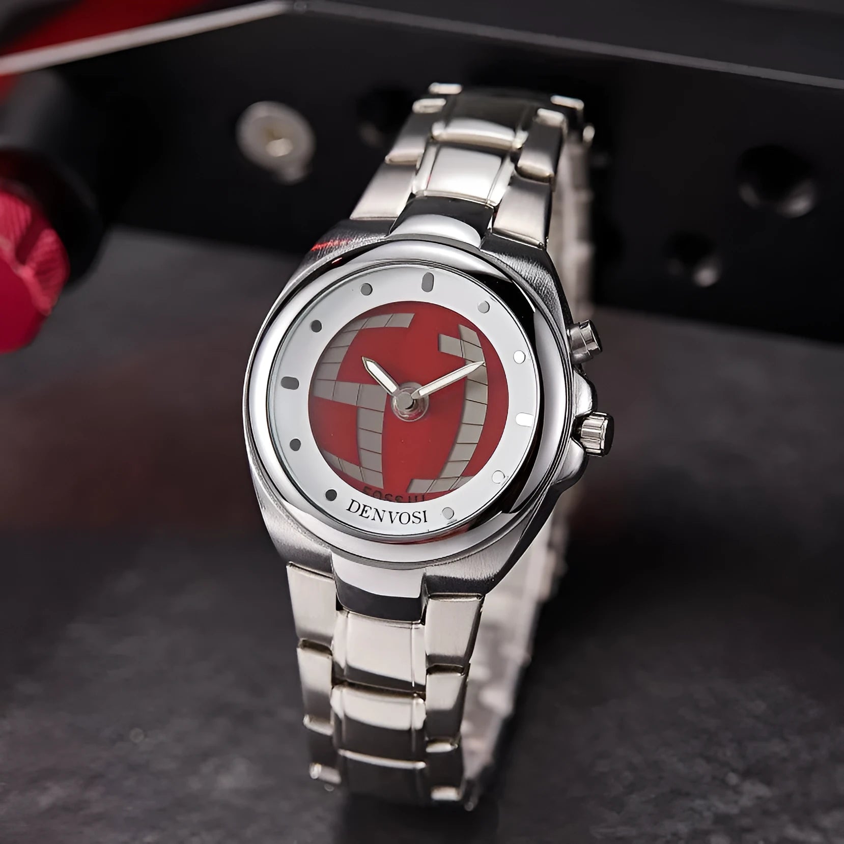 Y2K digital men's watch showing dual display with either red face or blue flame dial on alloy strap.