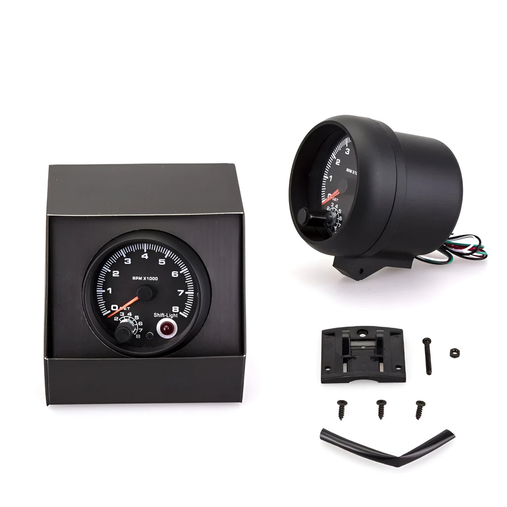 Automotive tachometer with blue pointer display measuring 95mm diameter for 12V vehicle installation