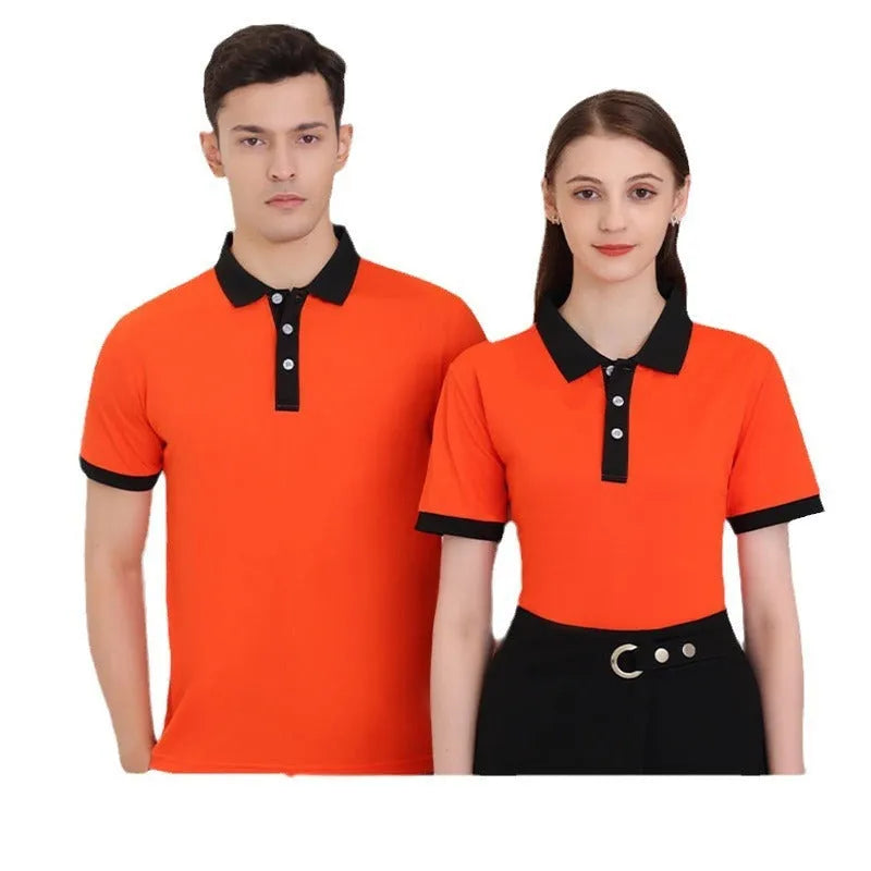 Men's and women's short sleeve lapel t-shirt in polyester, shown in multiple colour options.
