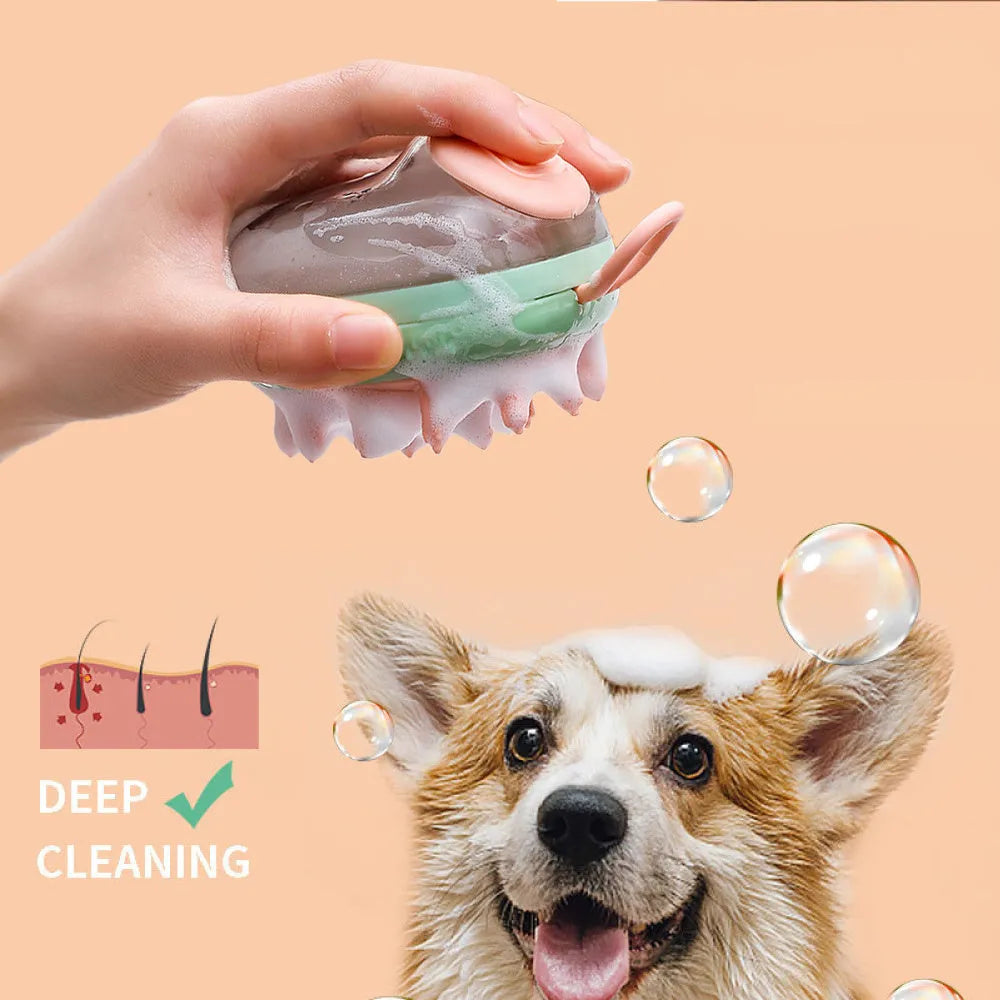 Blue and green pet grooming brush with shampoo dispenser and silicone massage bristles for dogs and cats