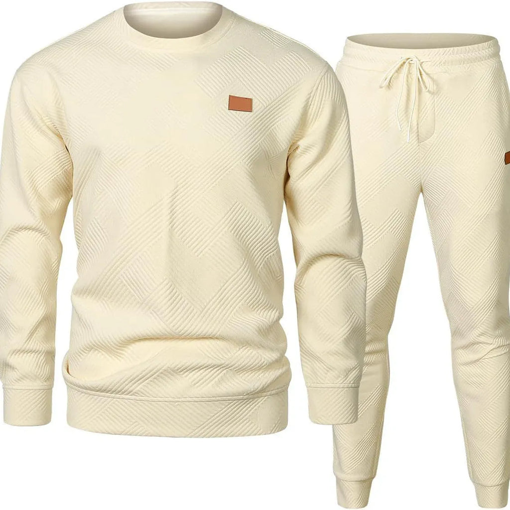 Men's round neck jacquard sweater set with long sleeve top and matching trousers in black