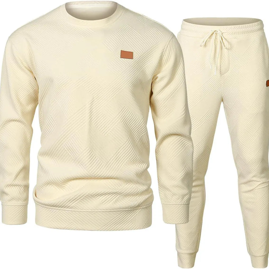 Men's round neck jacquard sweater set with long sleeve top and matching trousers in black