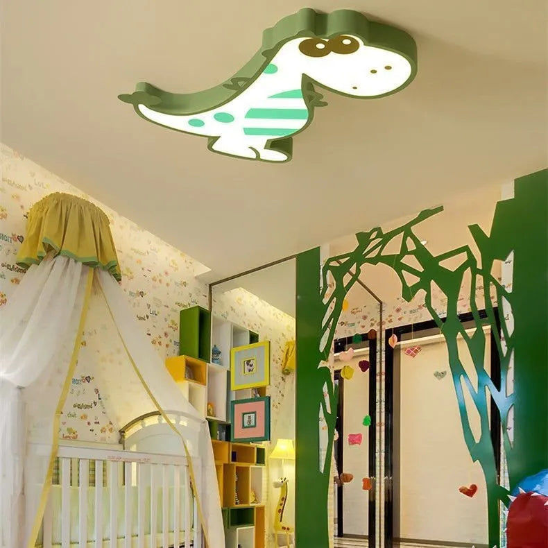 Green cartoon dinosaur ceiling light with PVC shade and aluminium body, 48cm diameter