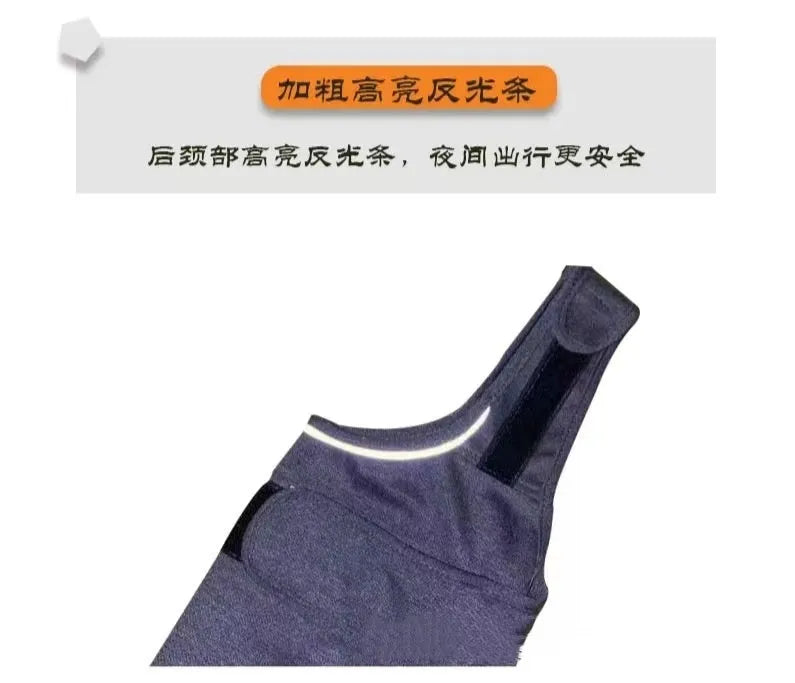 Heather grey dog anxiety vest or calming jacket on a model, showing size range from XXS to XXL.